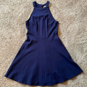 Navy Blue High Neckline A-Line Flare Dress (Size M)